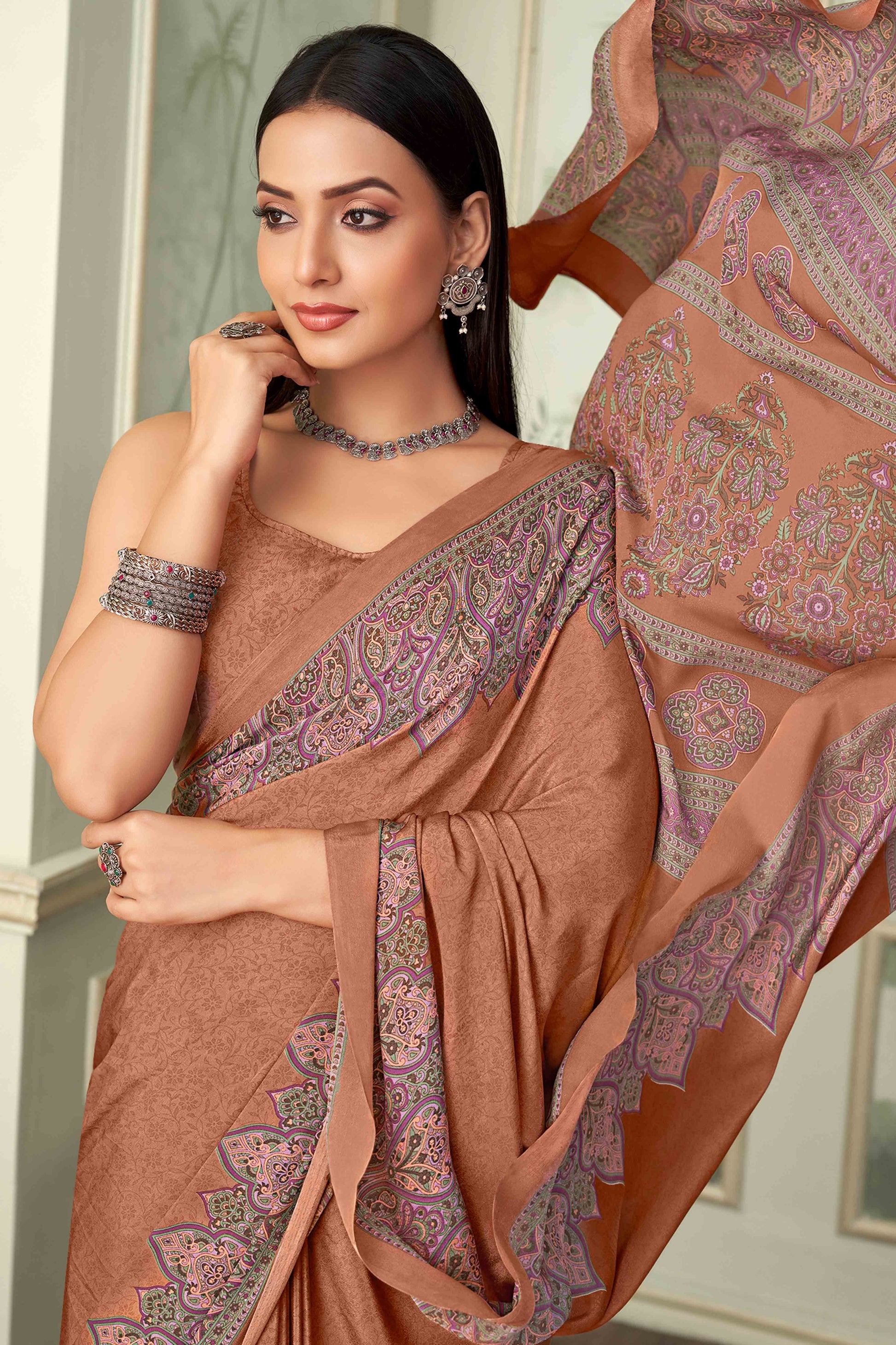 Brown Floral Printed Crepe Silk Saree