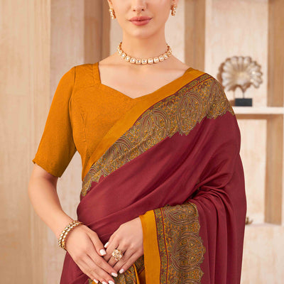 Maroon Floral Printed Crepe Silk Saree