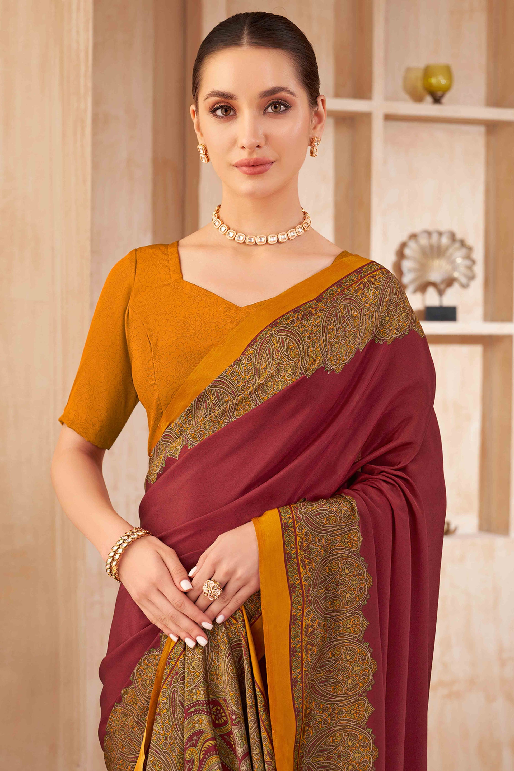 Maroon Floral Printed Crepe Silk Saree