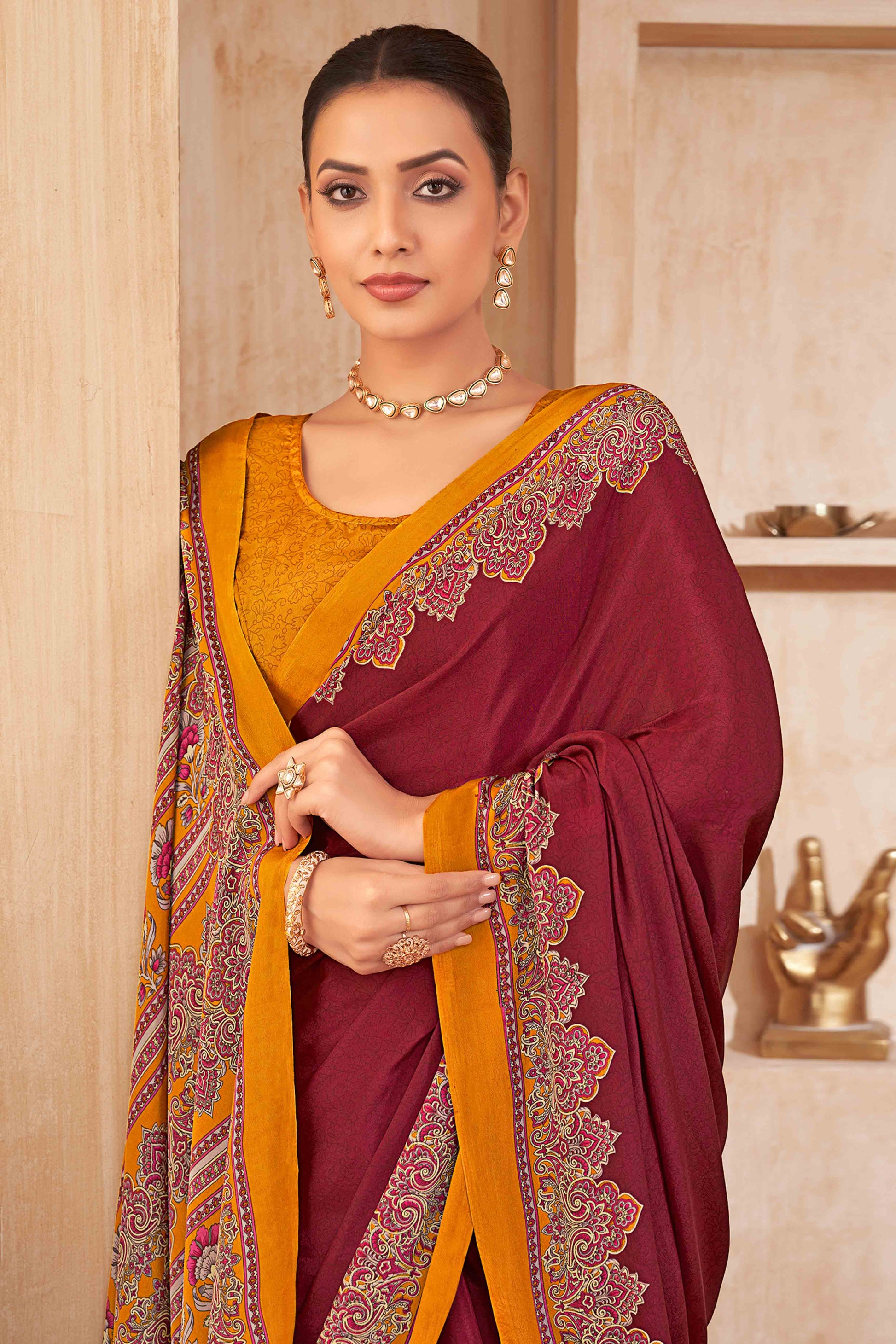 Maroon Floral Printed Crepe Silk Saree