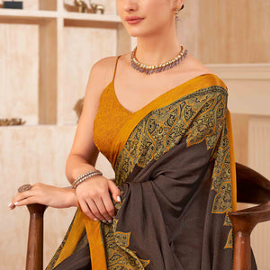 Brown Floral Printed Crepe Silk Saree