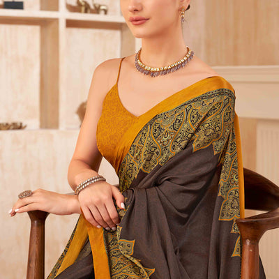 Brown Floral Printed Crepe Silk Saree