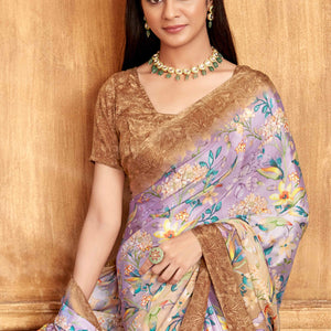Light Brown Floral Printed Crepe Silk Saree