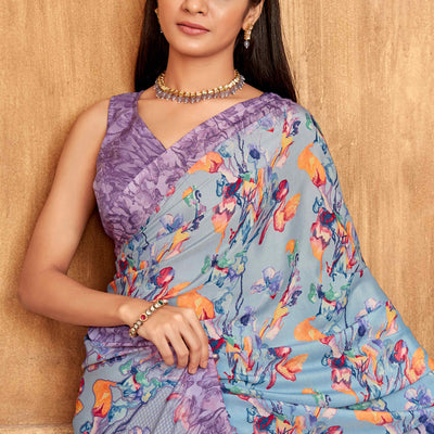 Lavender Floral Printed Crepe Silk Saree