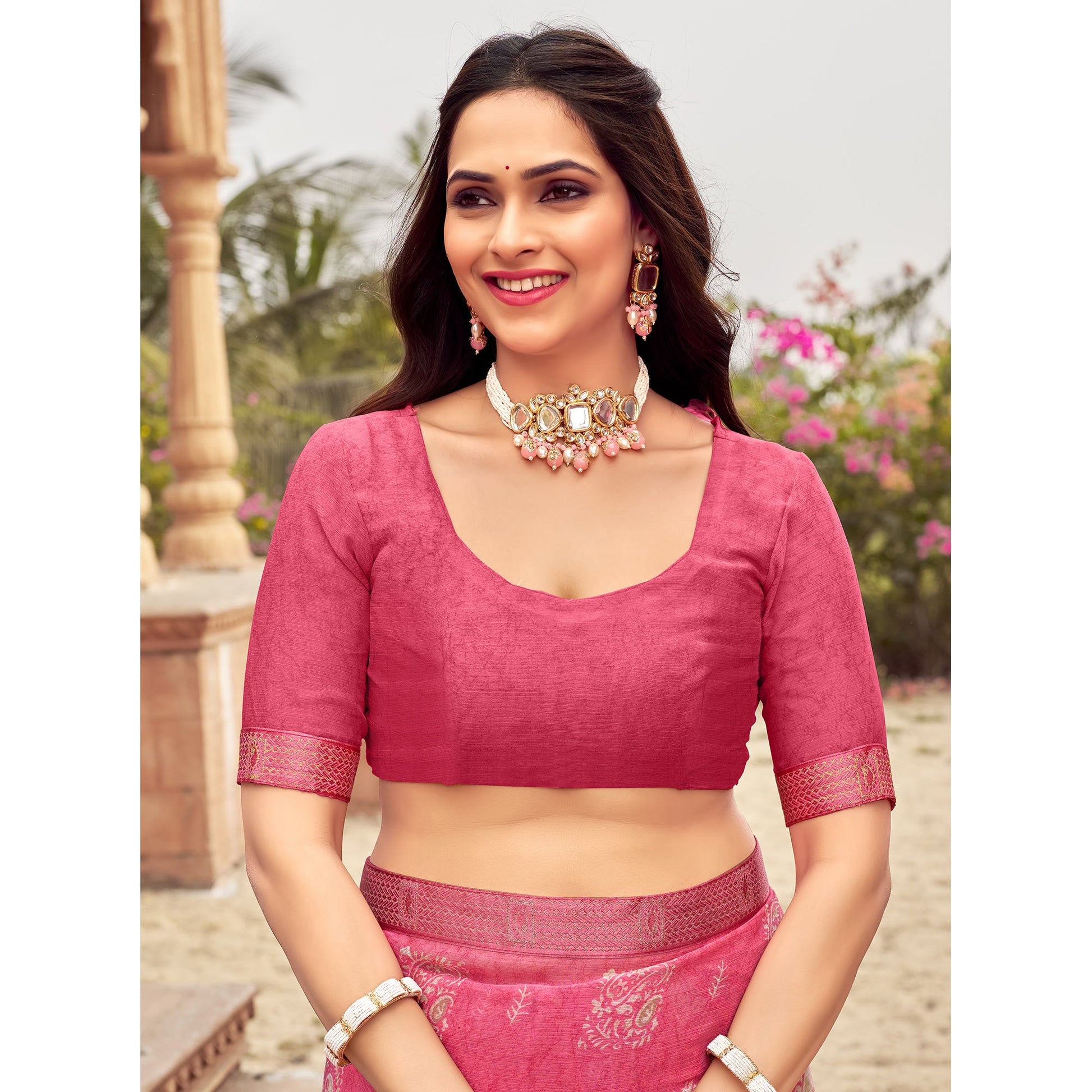 Gajri Pink Floral Printed Chiffon Saree