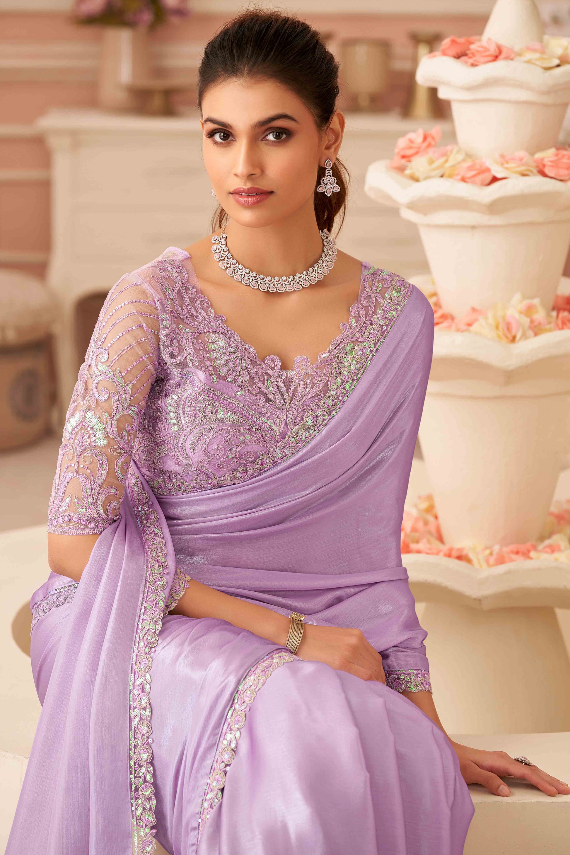 Lavender Sequins Embroidered Chiffon Saree