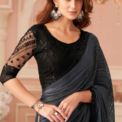 Grey Sequins Embroidered Georgette Saree