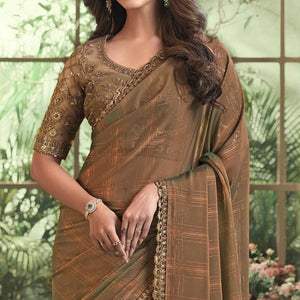 Chikoo Embroidered Georgette Designer Saree