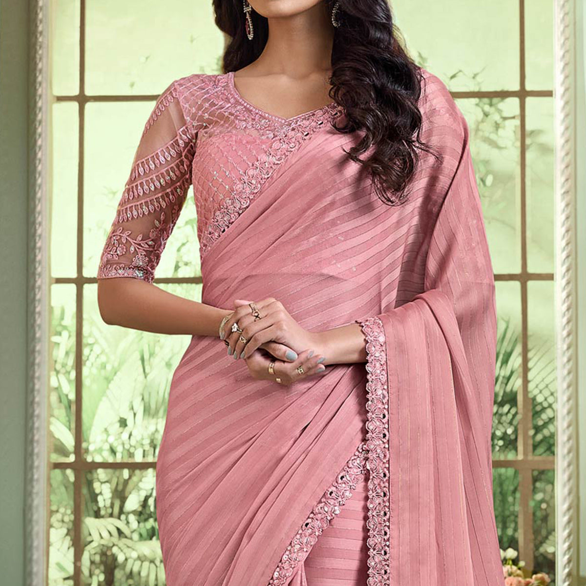 Dusty Pink Embroidered Georgette Designer Saree