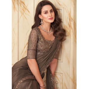 Brown Sequins Embroidered Satin Silk Saree