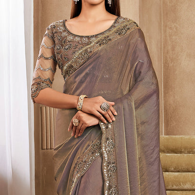 Chikoo Sequins Embroidered Satin Silk Saree