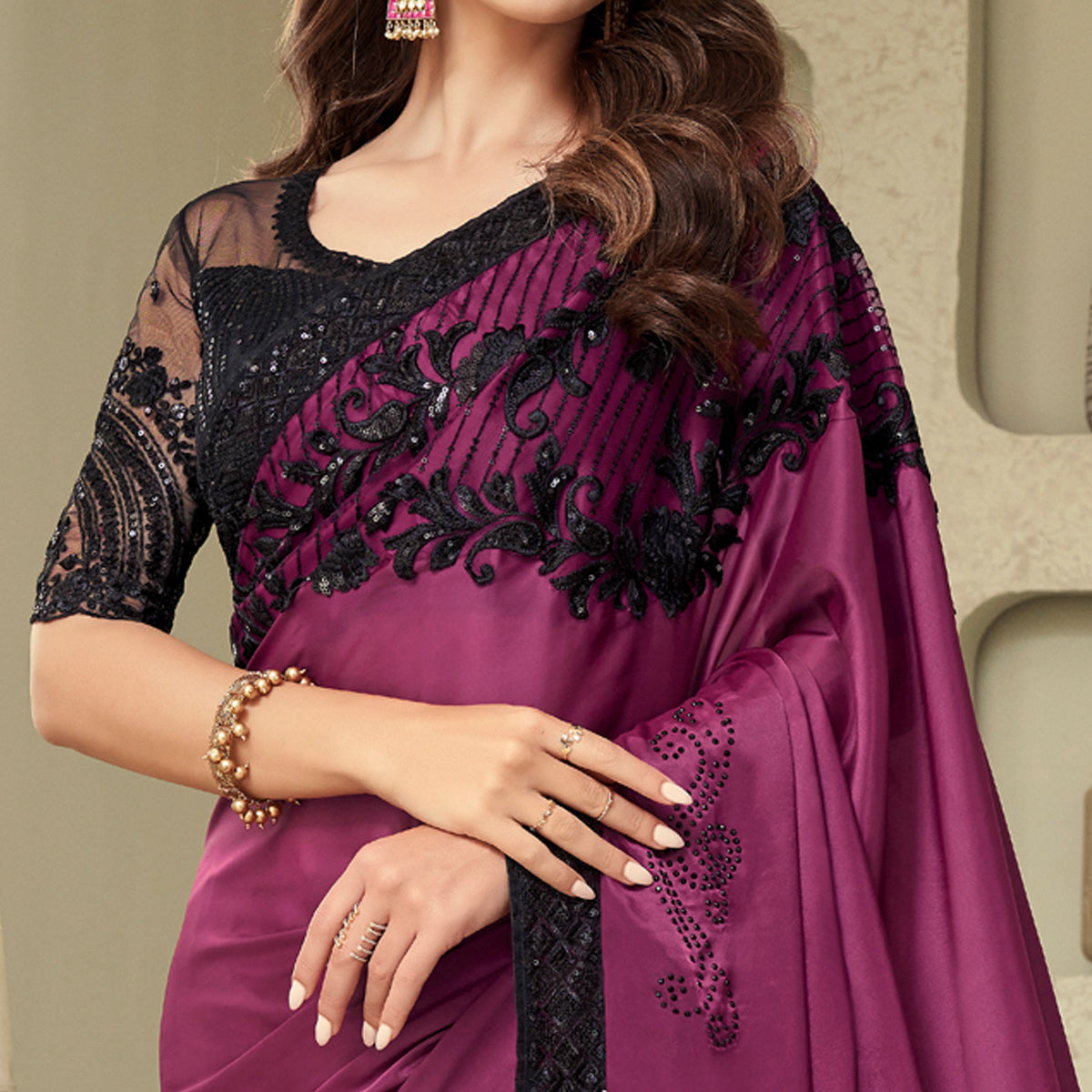 Magenta Sequins Embroidered Georgette Saree