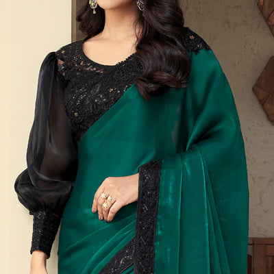 Bottle Green Sequins Embroidered Georgette Saree
