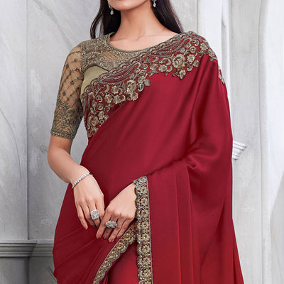 Maroon Floral Sequins Embroidered Georgette Saree