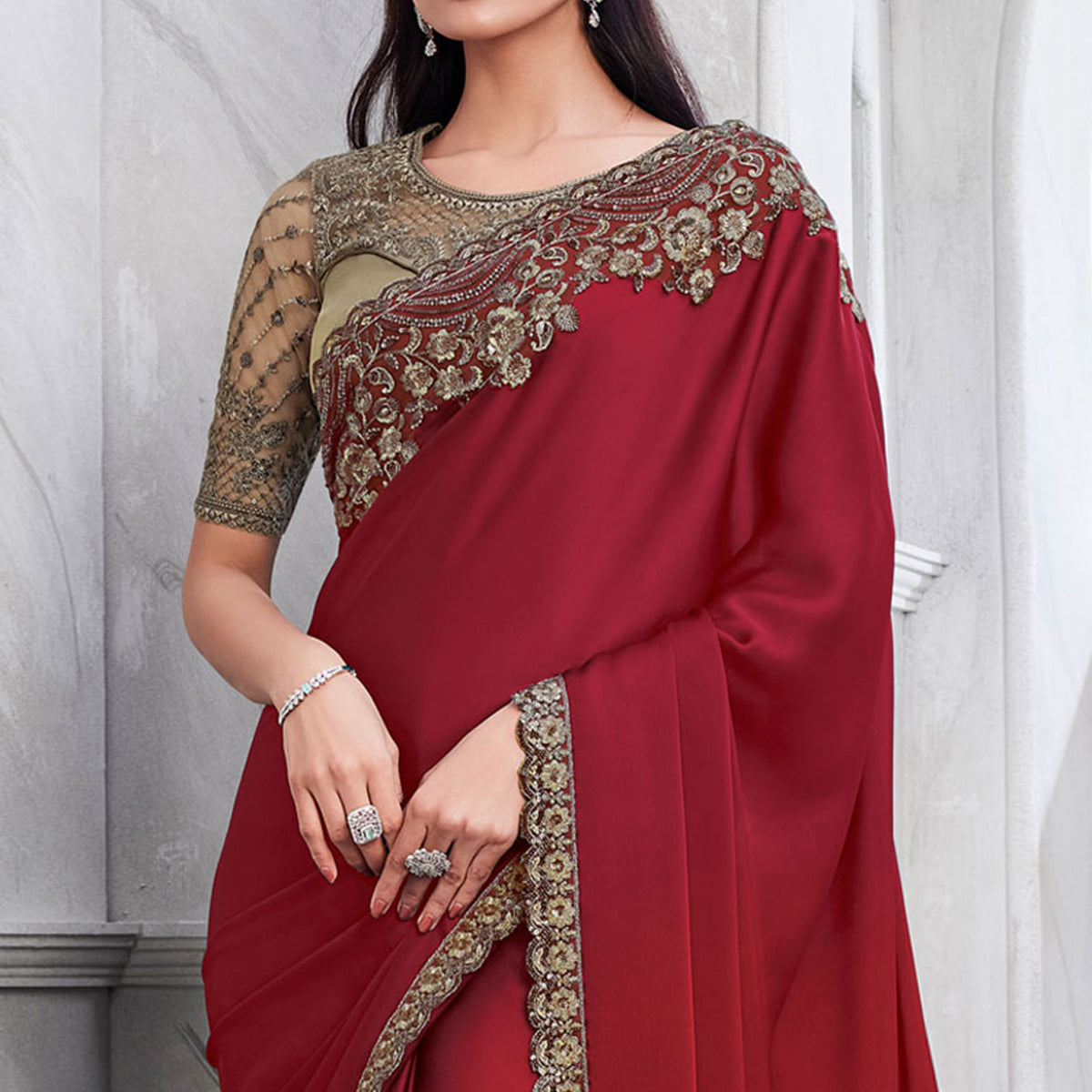 Maroon Floral Sequins Embroidered Georgette Saree