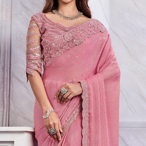 Dusty Pink Floral Sequins Embroidered Georgette Saree