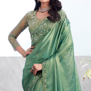 Dusty Green Floral Sequins Embroidered Chiffon Saree