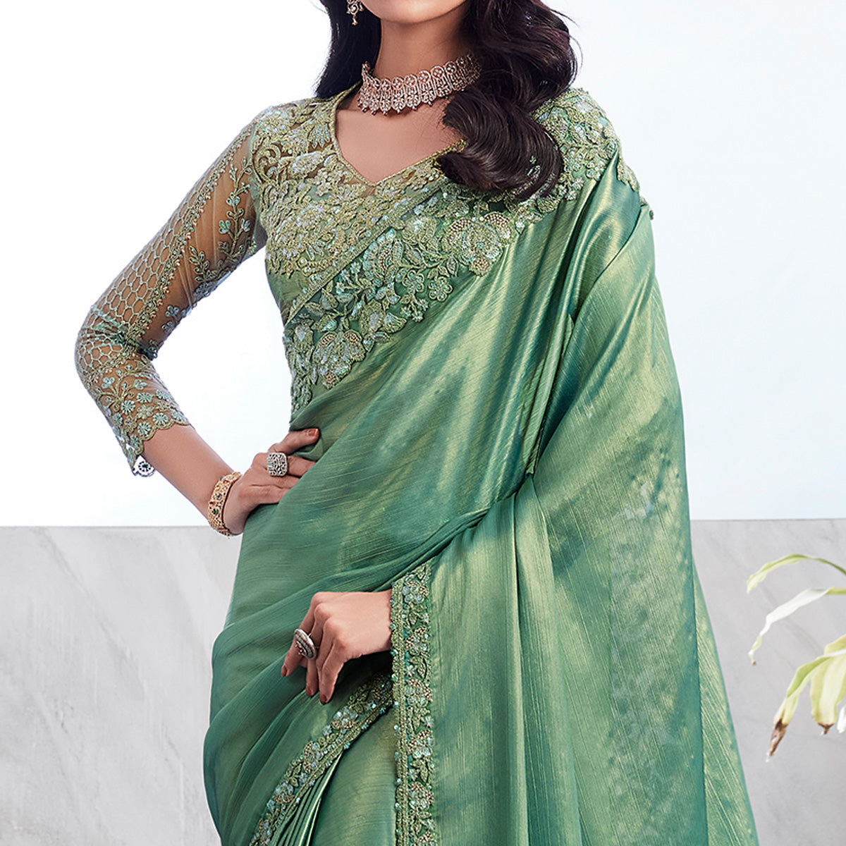 Dusty Green Floral Sequins Embroidered Chiffon Saree