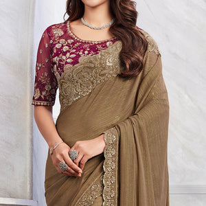 Brown Floral Sequins Embroidered Chiffon Saree