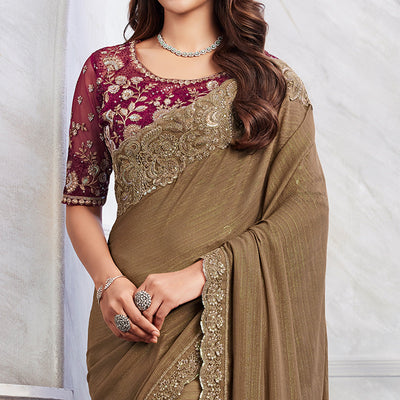 Brown Floral Sequins Embroidered Chiffon Saree