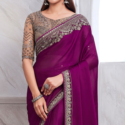 Magenta Floral Sequins Embroidered Satin Saree