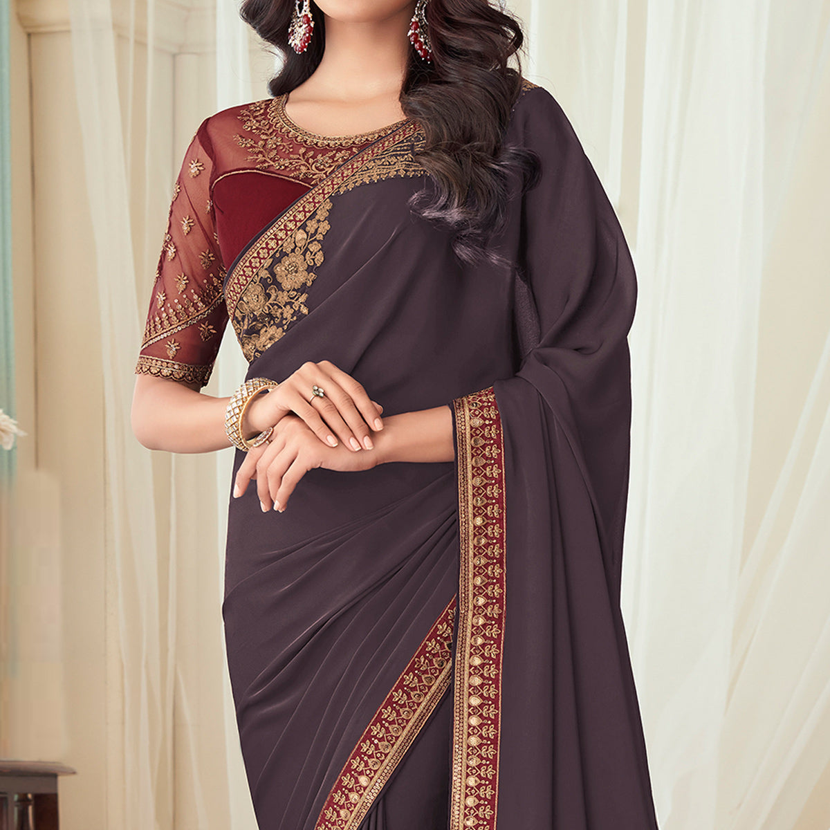 Deep Mauve Floral Sequin Embroidered Crepe Saree