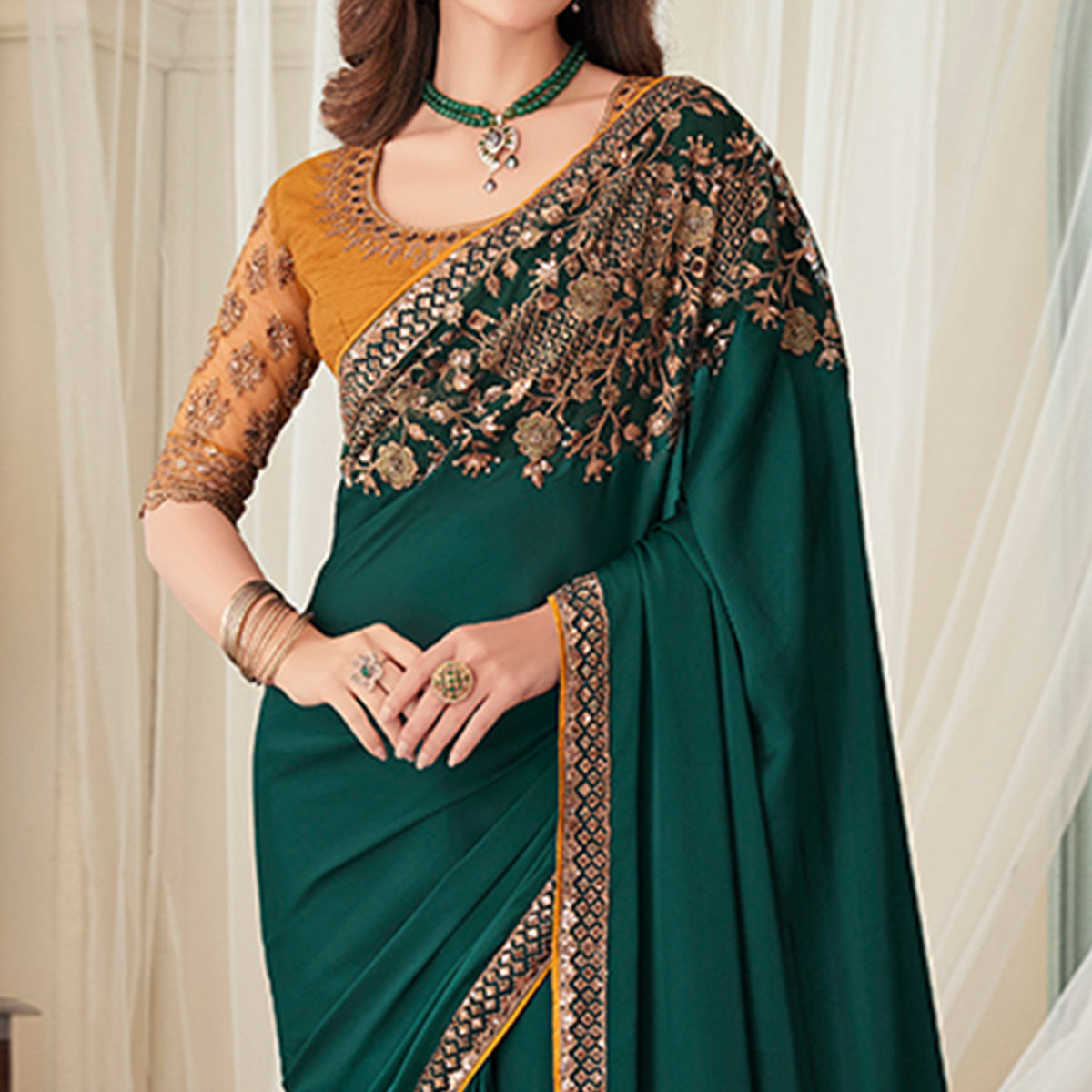 green-floral-sequin-embroidered-crepe-saree
