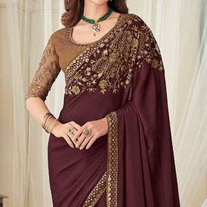 Coffee Floral Sequin Embroidered Crepe Saree