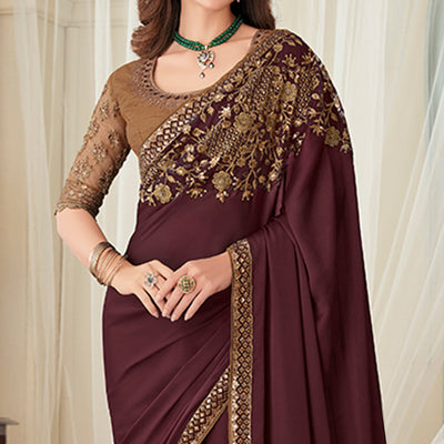 Coffee Floral Sequin Embroidered Crepe Saree