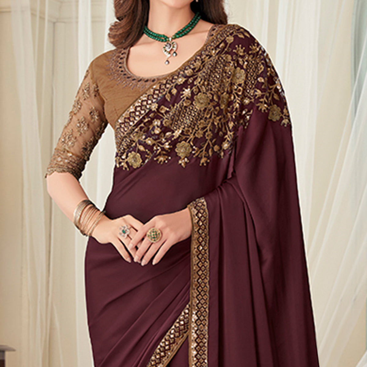 Coffee Floral Sequin Embroidered Crepe Saree