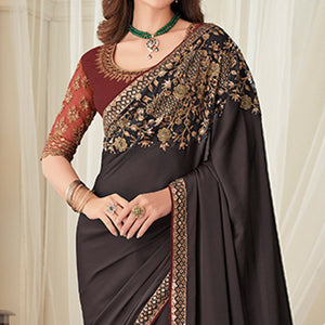 Dark Wine Floral Sequin Embroidered Crepe Saree
