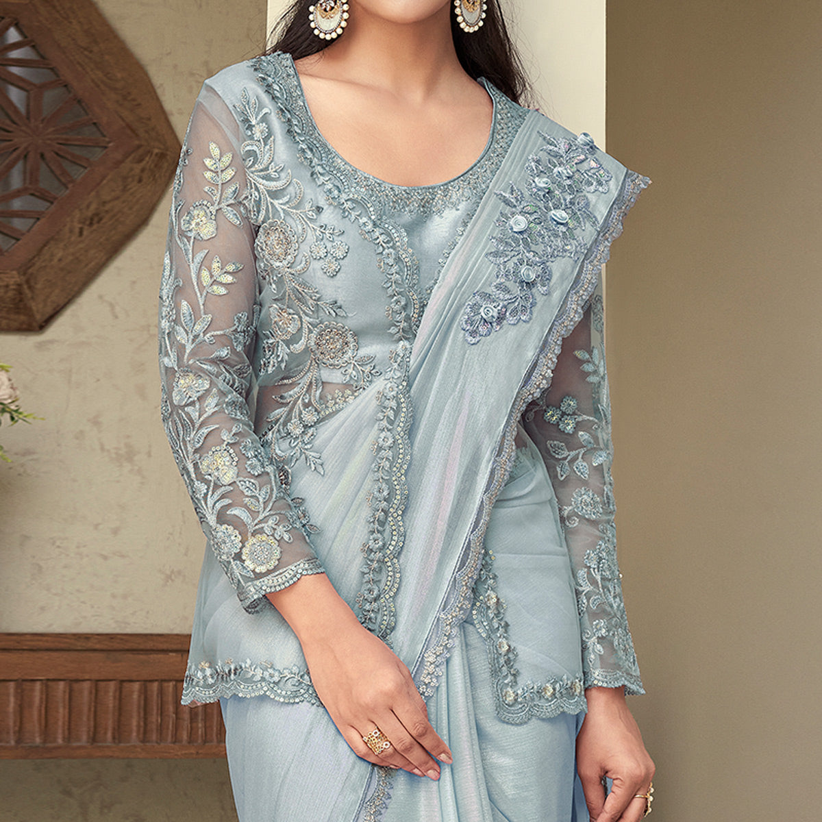 Grey Sequins Embroidered Georgette Saree