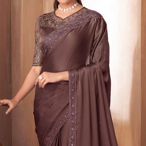 Brown Sequins Embroidered Satin Saree