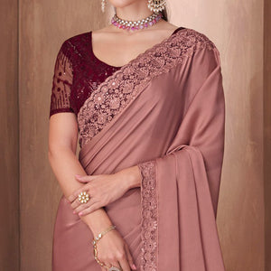 Mauve Embroidered Satin Saree