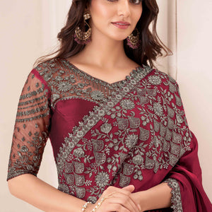 Maroon Sequins Embroidered Satin Saree
