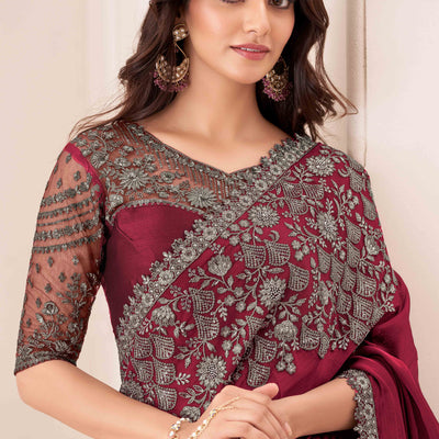 Maroon Sequins Embroidered Satin Saree