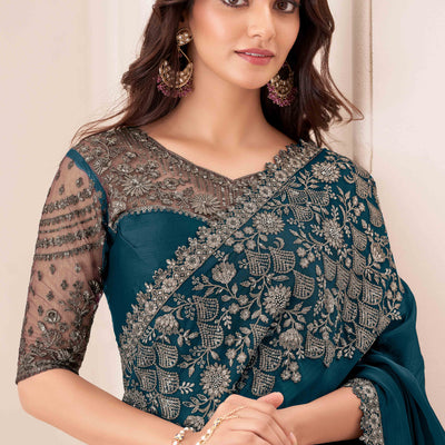 Dark Teal Sequins Embroidered Satin Saree