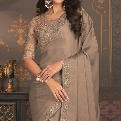 Dusty Beige Embroidered Designer Satin Saree