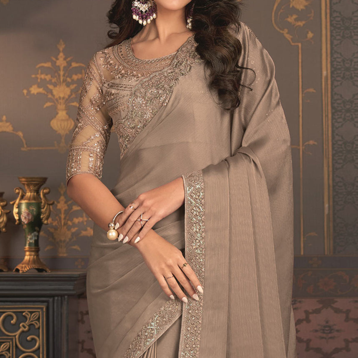 Dusty Beige Embroidered Designer Satin Saree
