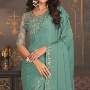 Light Sea Green Embroidered Designer Satin Saree