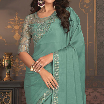 Light Sea Green Embroidered Designer Satin Saree
