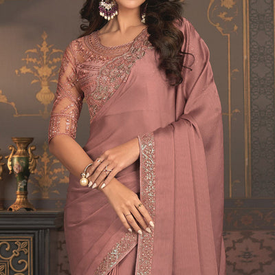 Mauve Embroidered Designer Satin Saree