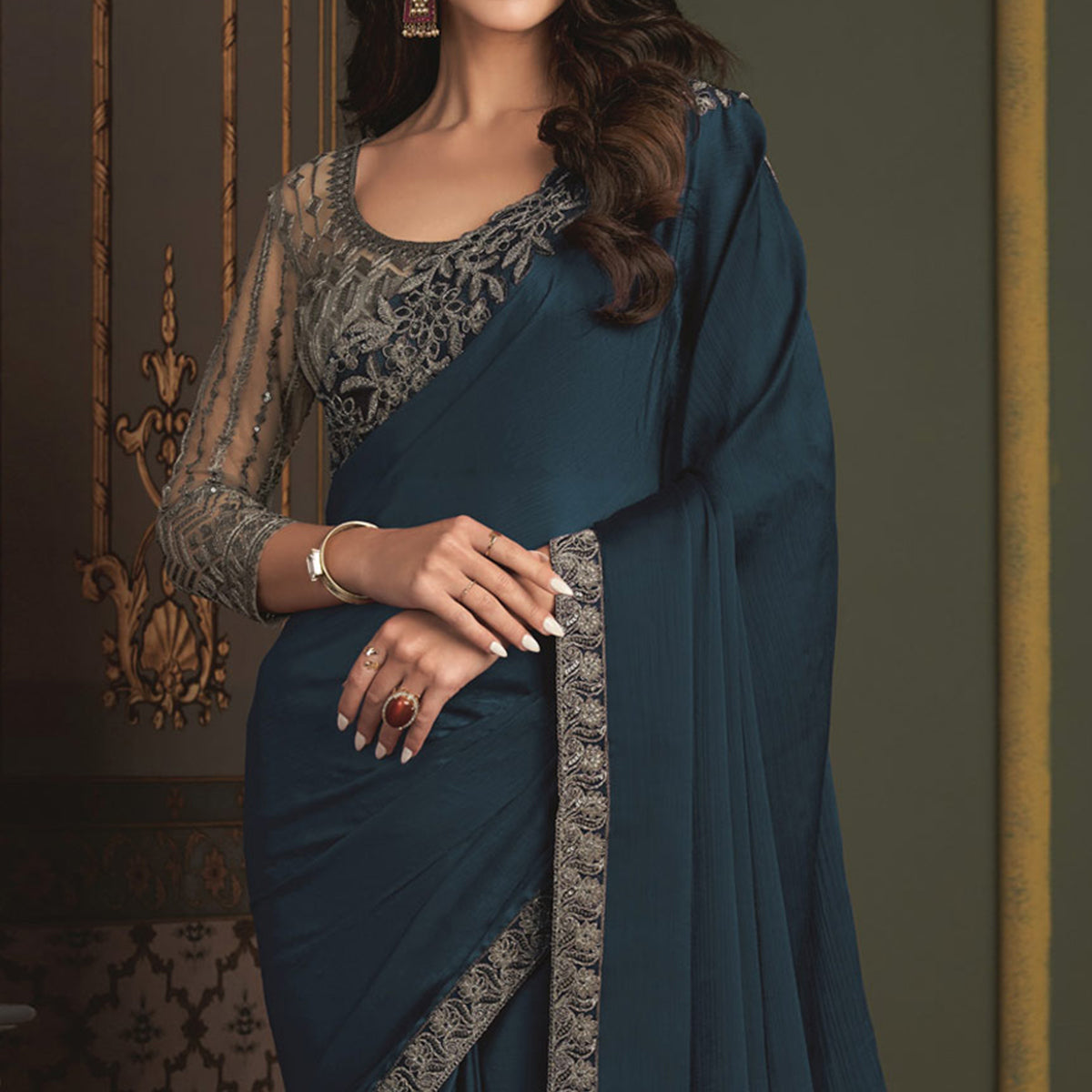 Dark Teal Embroidered Designer Satin Saree