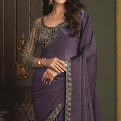 Dark Violet Embroidered Designer Satin Saree