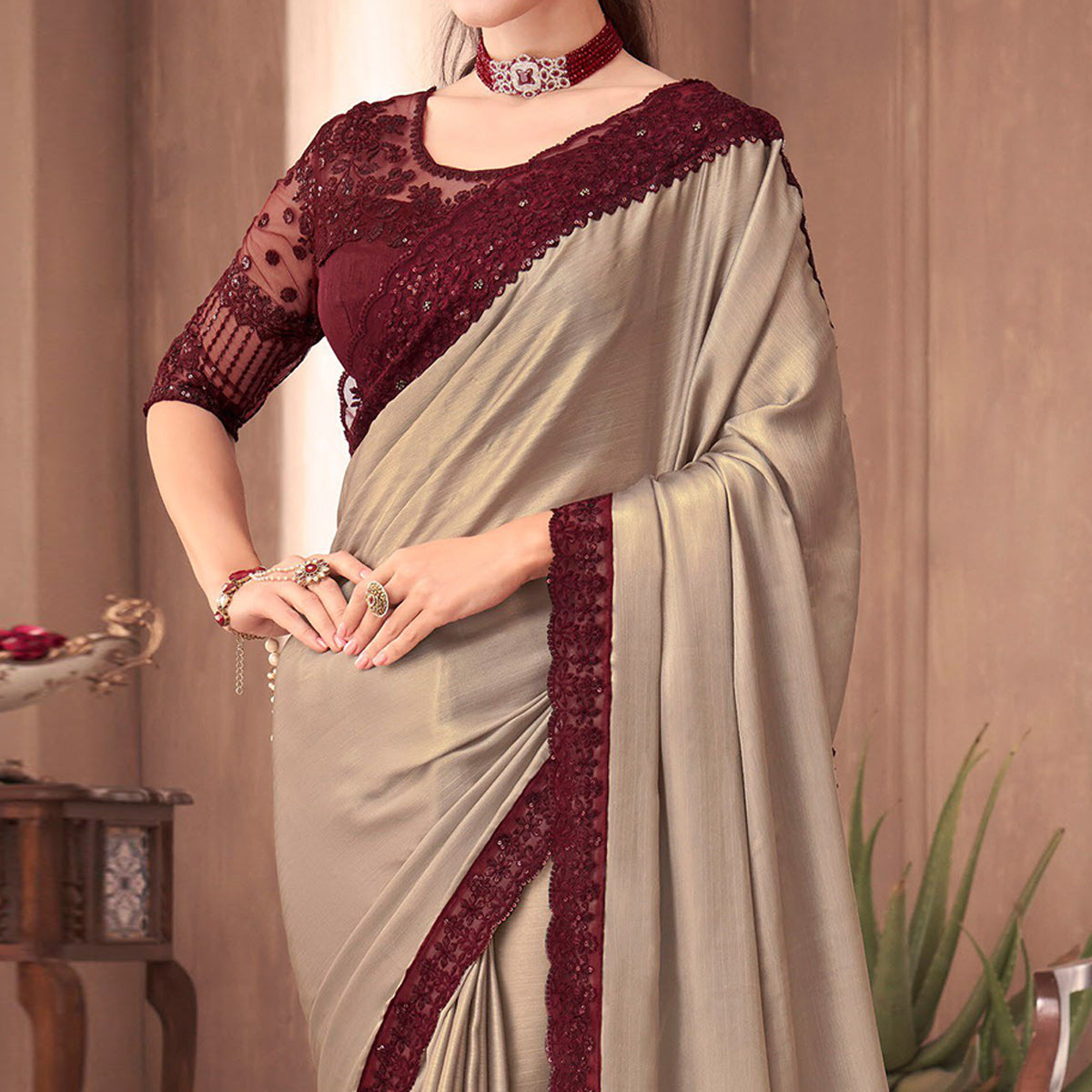 Light Brown Floral Embroidered Georgette Saree