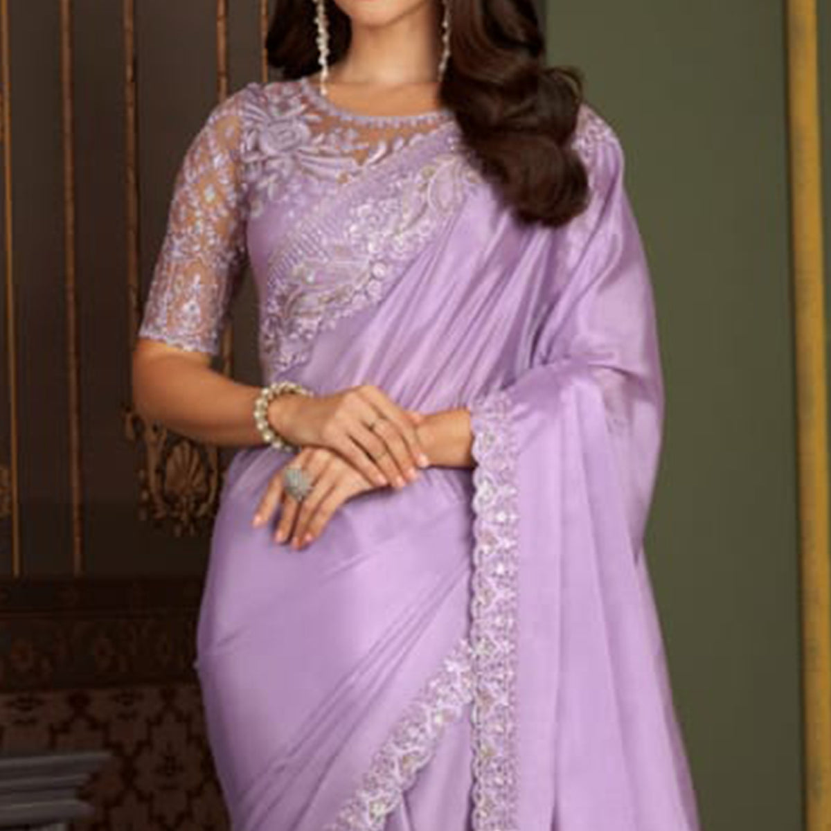 Lavender Embroidered Satin Saree