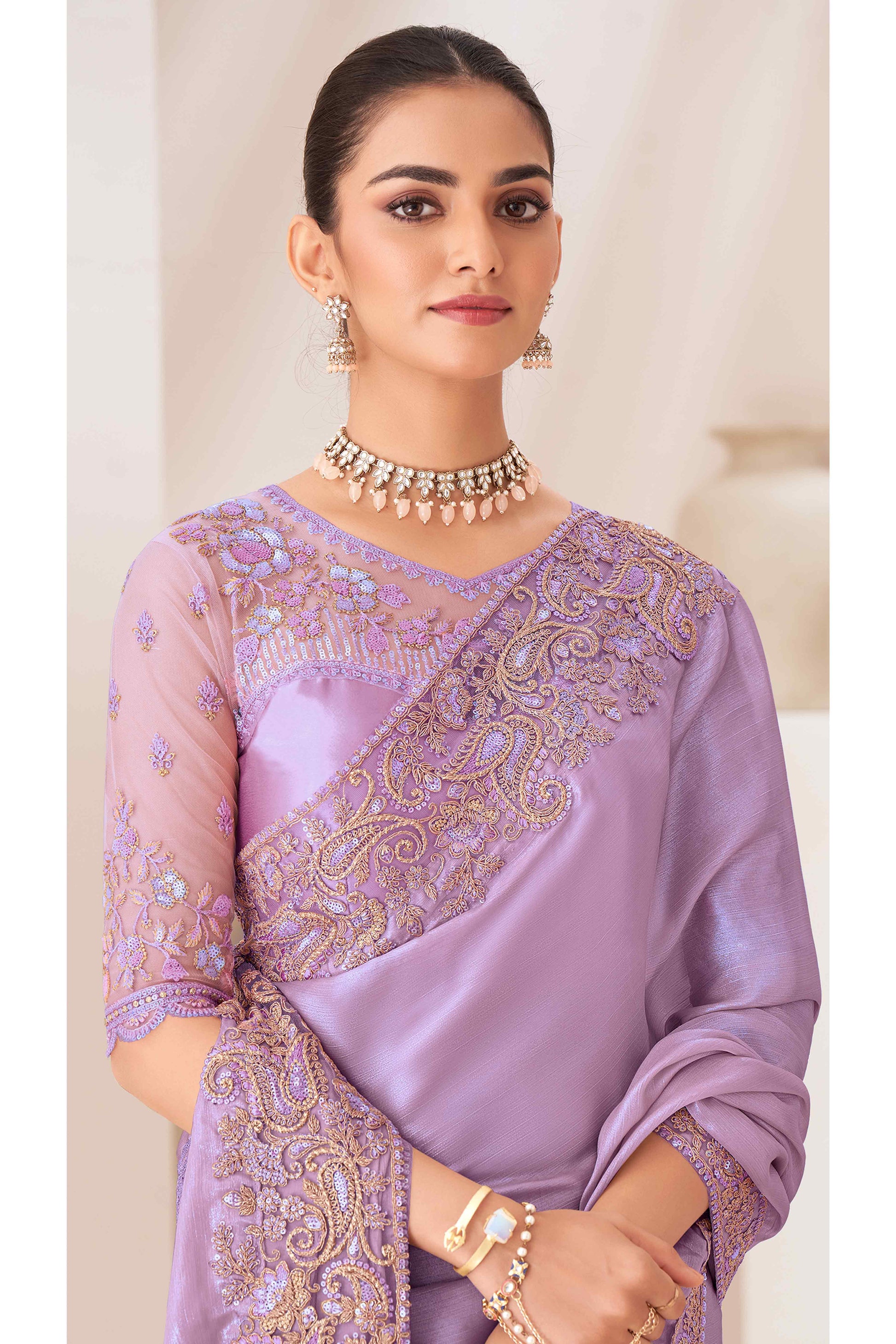Lavender Floral Sequins Embroidered Chiffon Saree