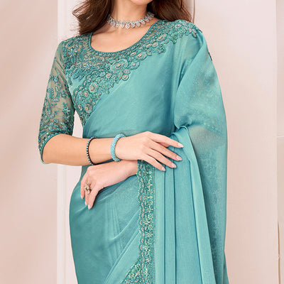 Light Turquoise Embroidered Georgette Saree