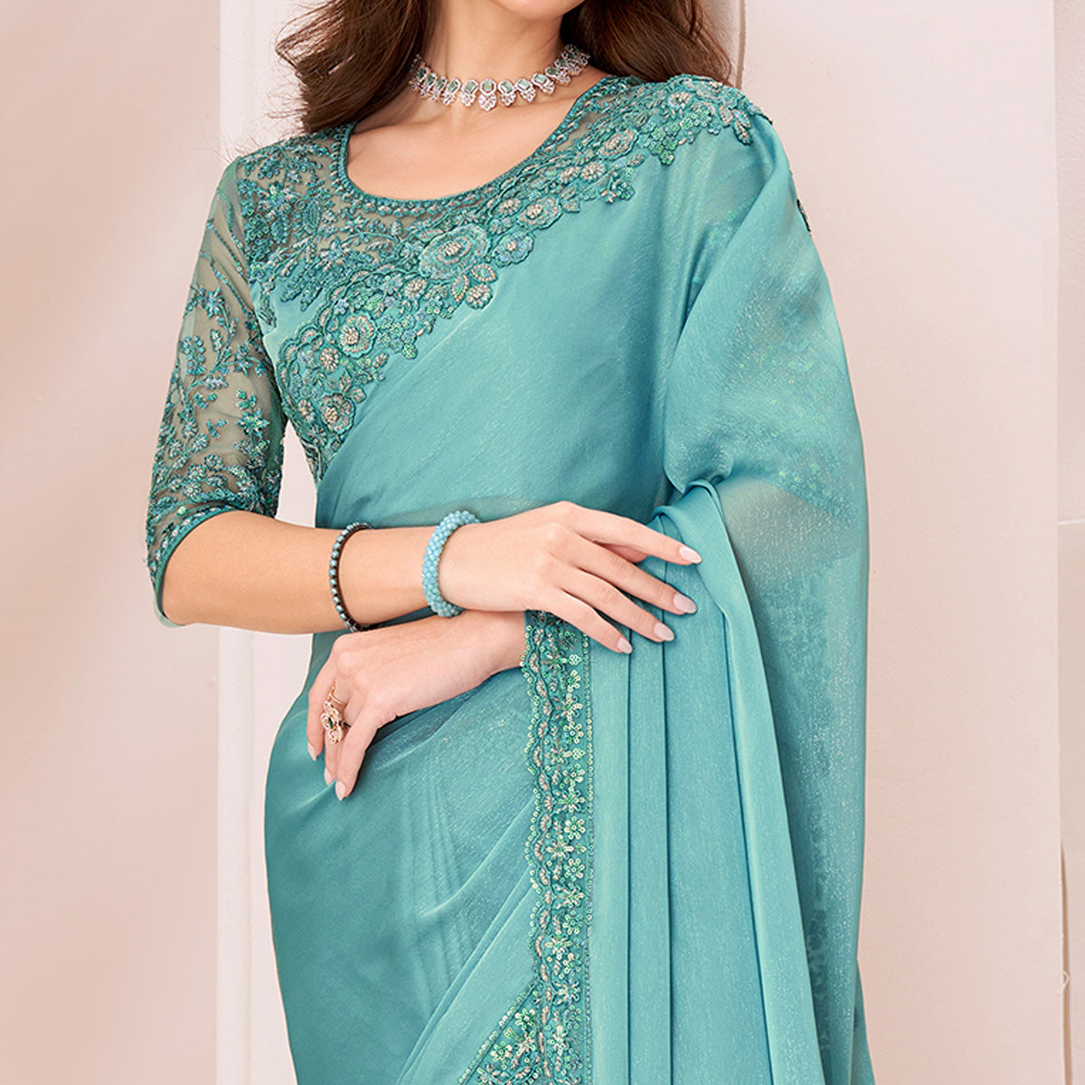 Light Turquoise Embroidered Georgette Saree