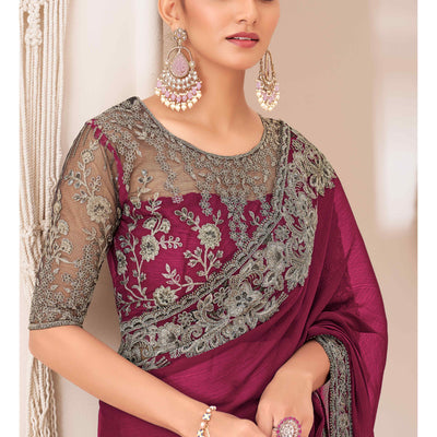Dark Magenta Floral Sequins Embroidered Georgette Saree